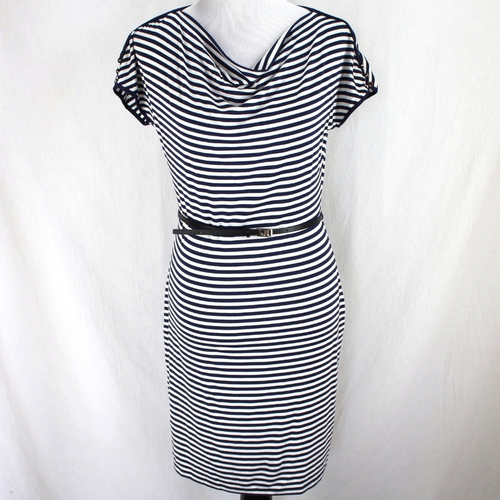 Calvin Klein Navy, White Striped Cowl Neck Dress